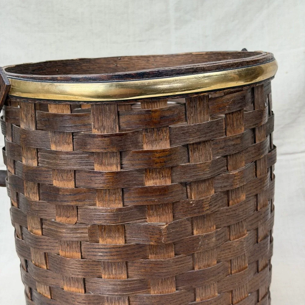 Vintage Woven Wood Waste Basket Brass Rim English Cottage Office Decor 1980s